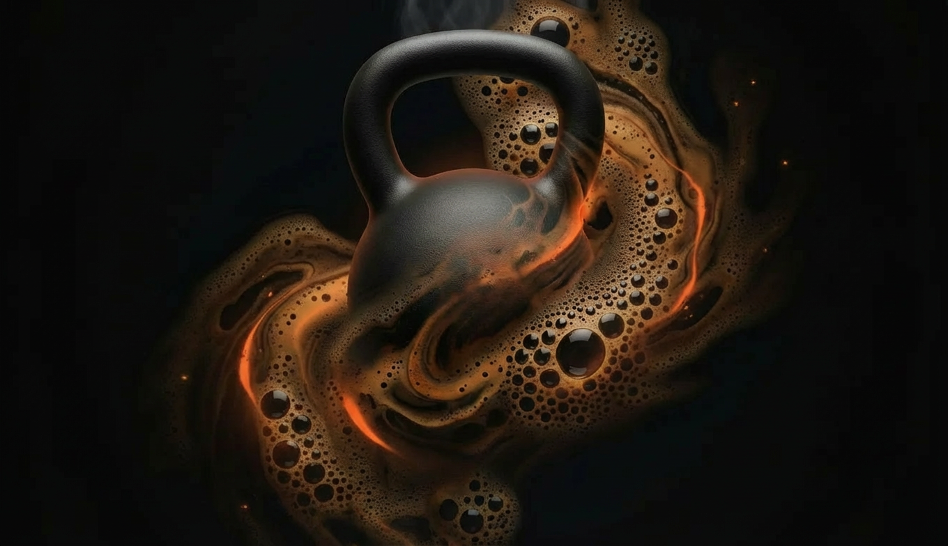 Kettlebell emerging from espresso crema